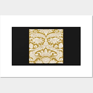 White on Mustard Gold Medieval Damask Scrolls Posters and Art